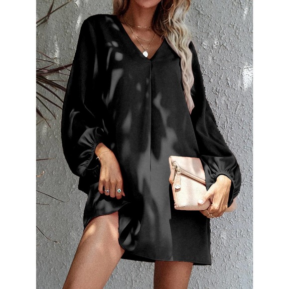 Long sleeve V-neck mini tunic dress BoHo black - Picture 3 of 7
